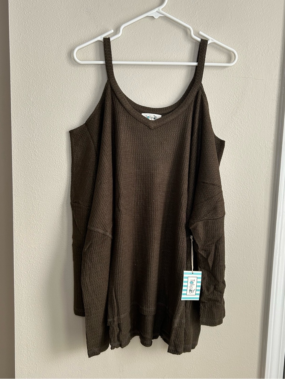 NWT Tulip B Waffle Knit Olive Brown Cold Shoulder Seam Detail Sweater Size XL